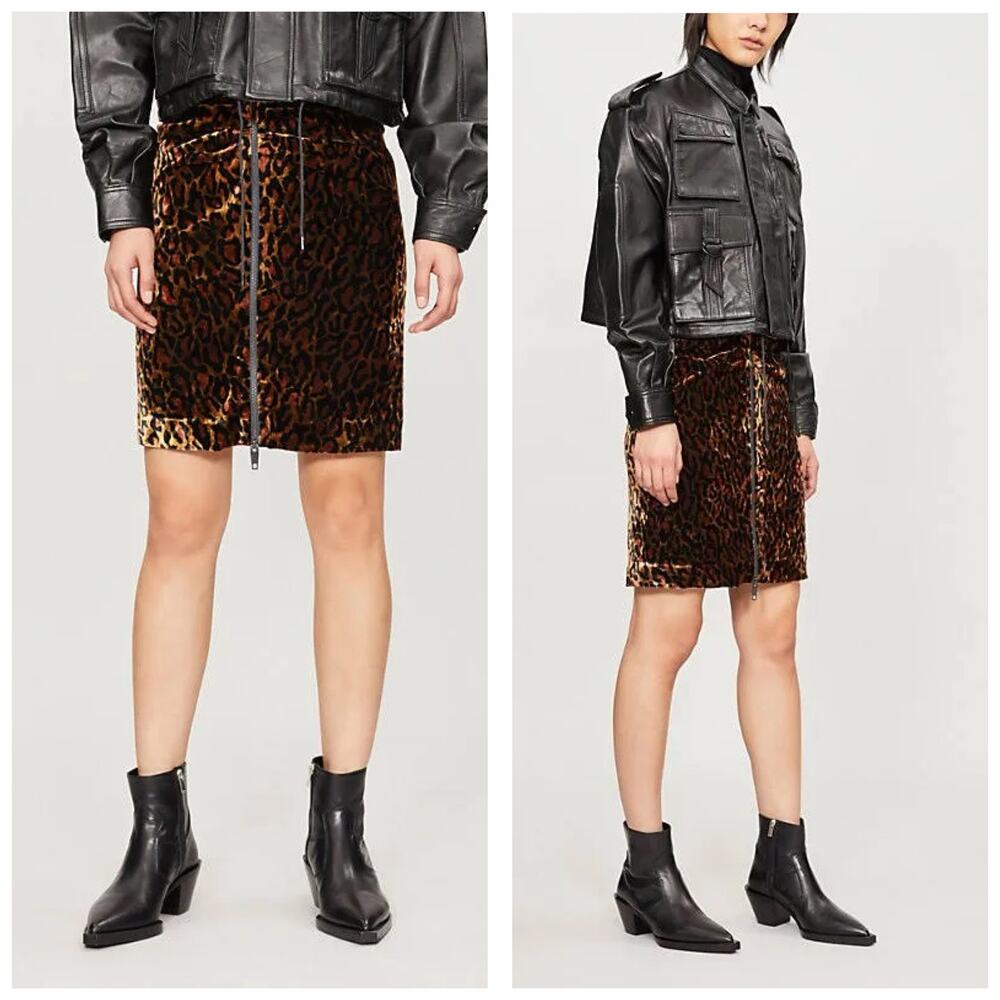 NWT The Kooples Velvet Animal Print Zipper Skirt Size 2 Leopard Knee Length